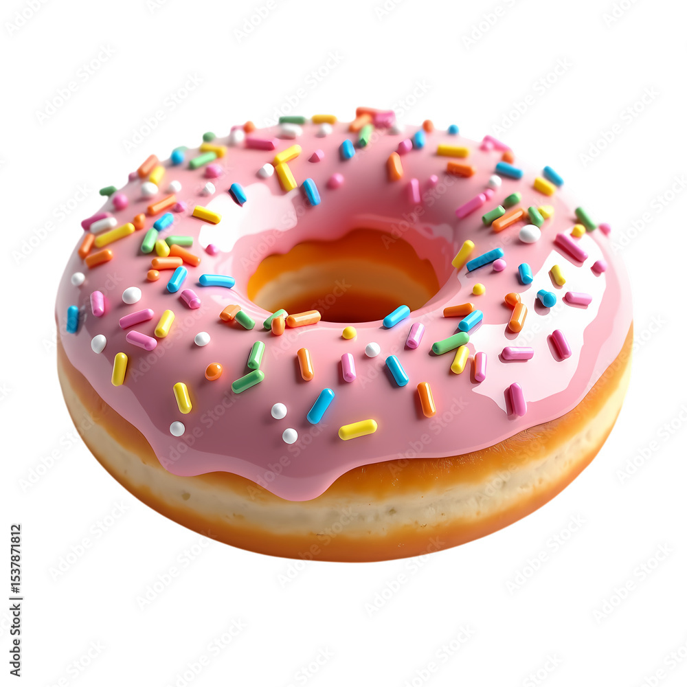 Poster a single donut with pink frosting and colorful sprinkles on top isolated on transparent background
