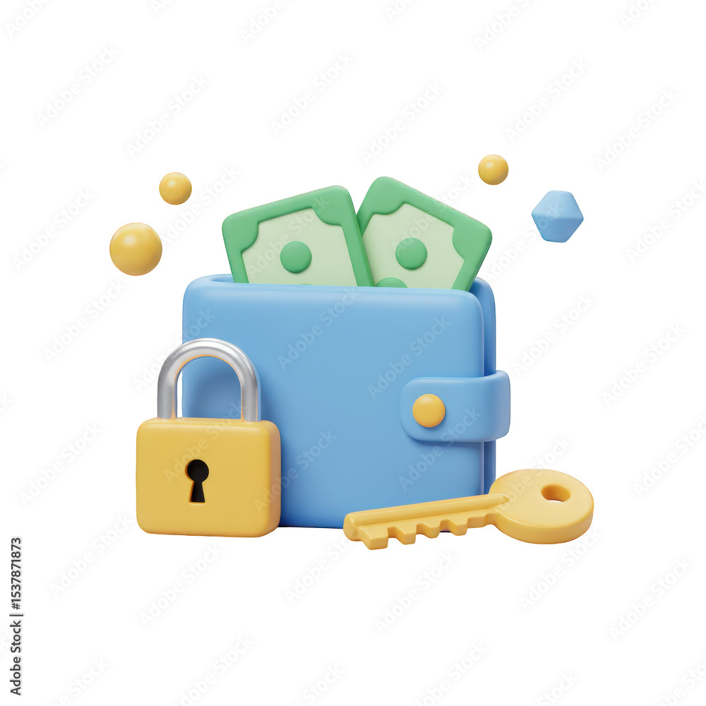 Poster 3d render of secured wallet with cash isolated on transparent background