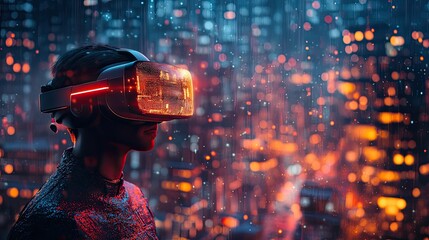 A futuristic woman explores a vibrant virtual city using a sleek VR headset technology innovation experience digital future cityscape, silhouette