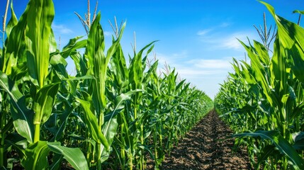 Lush green corn stalks stand tall in a field under a bright blue sky.