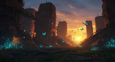 Butterflies Over Abandoned City at Sunset
