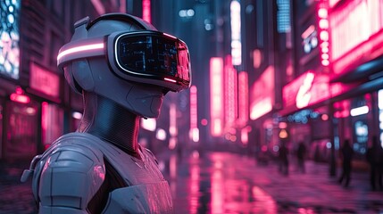 Futuristic Robot in Neon Cityscape Exploring Virtual Reality Technology in a Cyberpunk Setting, silhouette
