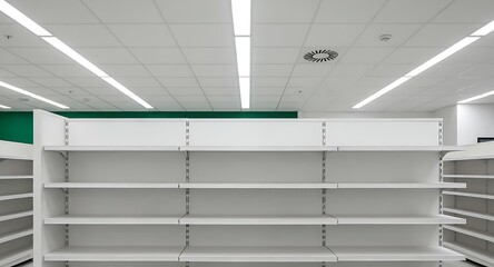 Pristine white supermarket shelves stand empty under bright fluorescent lights ready for new products a clean modern retail setting