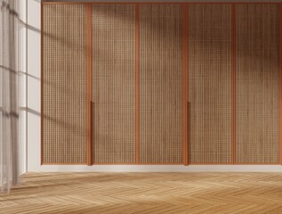 A bright and empty minimalist room interior featuring natural wooden rattan sliding closet doors, warm sunlight casting shadows across the parquet wooden floor.3d rendering