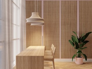 Cozy and minimal dining area with wooden table and chairs, hanging woven pendant lights, sheer curtains allowing soft sunlight, and a potted tropical plant in front of a rattan panel wall.3d render