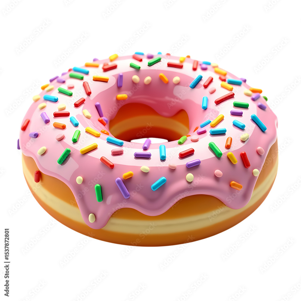Poster a single donut with pink frosting and colorful sprinkles on top isolated on transparent background