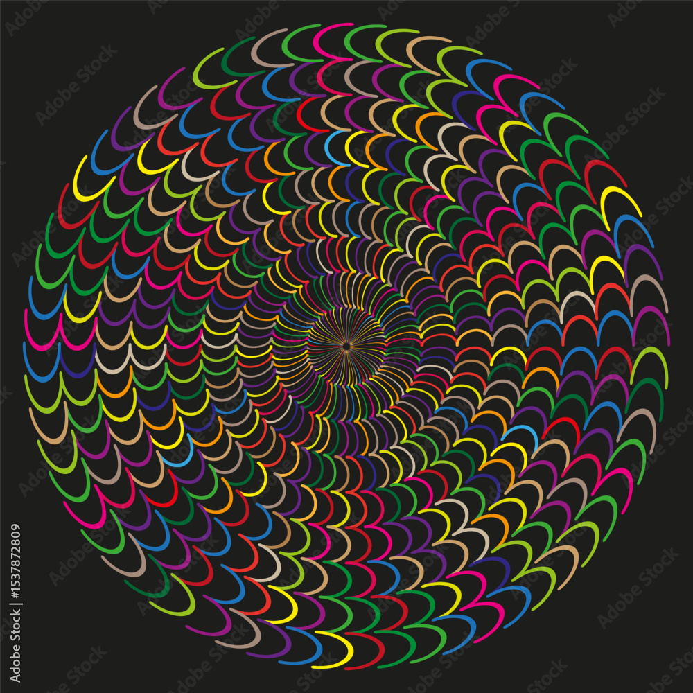 Poster color spiral pattern. rainbow swirl shape. dark background vector. abstract vortex icon.