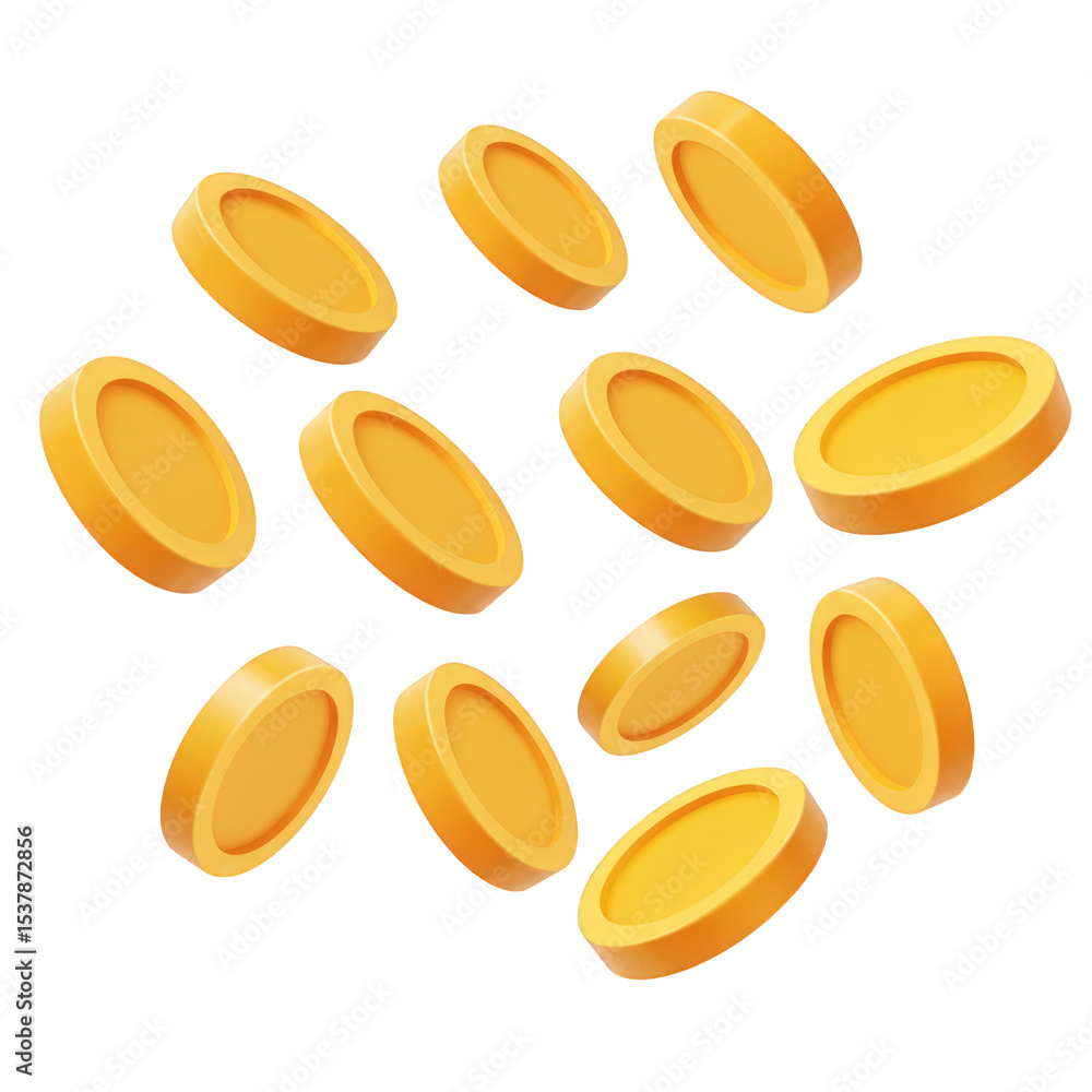 Poster falling golden coins 3d render isolated on transparent background