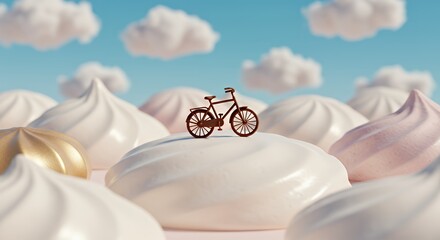 Toy bicycle on meringue landscape with blue sky