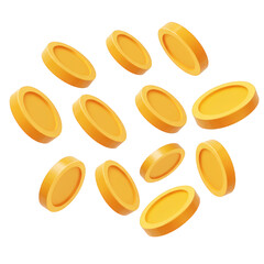 Falling golden coins 3d render isolated on transparent background