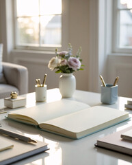 morning desk layout white office surface with stationery and notebook beside large daylight window in home interior interior design wallpaper background