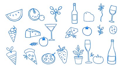 Hand drawn blue outline collection of various food and beverage icons on white background