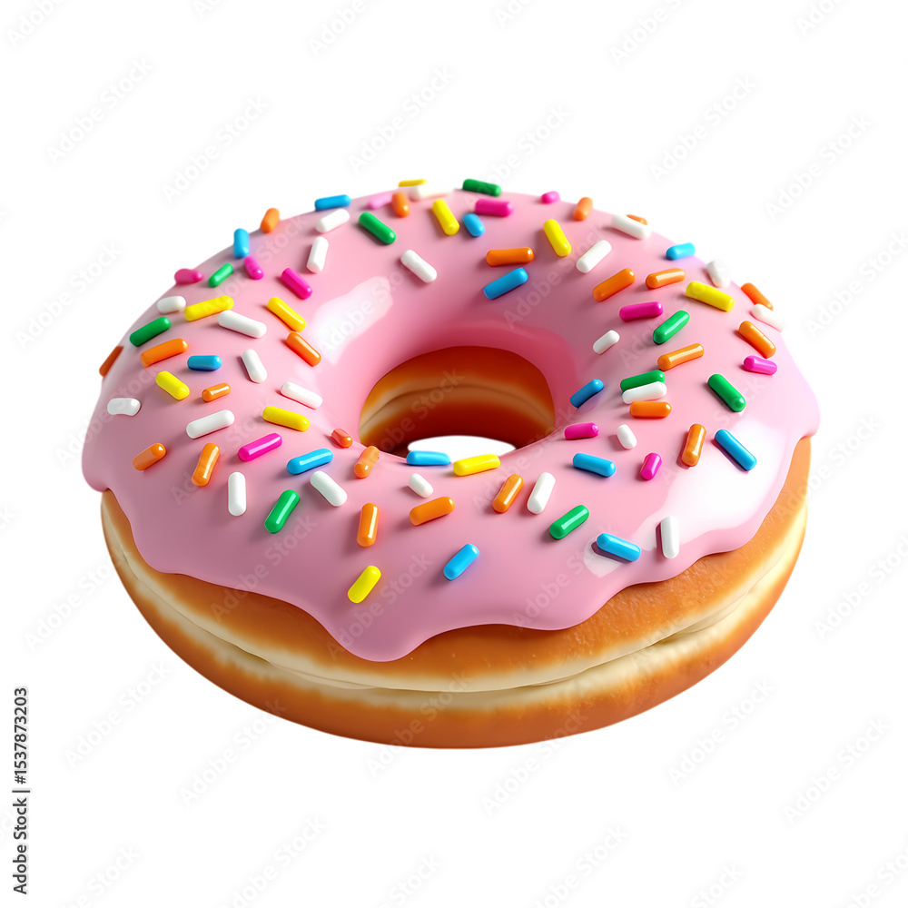 Poster a single donut with pink frosting and colorful sprinkles on top isolated on transparent background