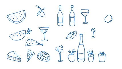 Hand-drawn food and drink illustration featuring pizza watermelon wine and other refreshments.