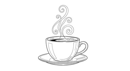 Coffee cup with steam, line art style, isolated on white background