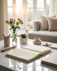 open book journal on clean white table layout beside bright window with paper tools and professional writing supplies interior design wallpaper background