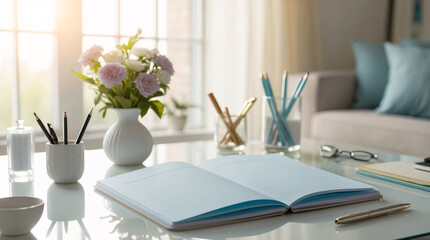 open journal and writing tools laid out on white desk beside bright daylight window in elegant modern office space interior design wallpaper background