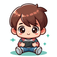 Cute boy cartoon vector playing smartphone