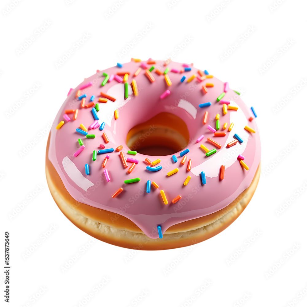 Poster a donut with pink frosting and colorful sprinkles on isolated on transparent background
