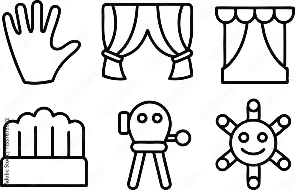 Poster outline puppet show icon set collection isolated on transparent background