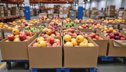 Boxes of assorted fruits in a warehouse setting.