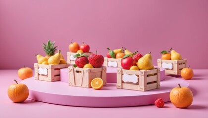 Colorful fruit arrangement in wooden crates on a pink background.