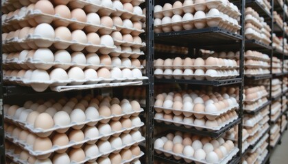 Shelves stacked with various eggs in a storage facility.