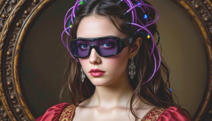 Futuristic portrait of a woman with unique eyewear and vibrant hairstyle.