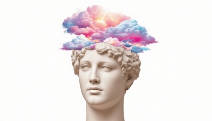 Sculpted head with colorful clouds representing creativity and imagination.