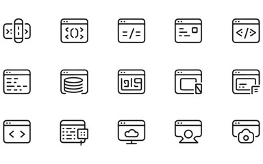 Modern Software Development & IT Services Line Icon Set – 40+ Minimal Black and White Tech Icons in Grid Layout