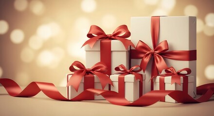 Obraz premium Gifts of Elegance: Exquisite gifts, adorned with vibrant red ribbons, stand elegantly, illuminated by a warm bokeh. A symbol of celebration, elegance and thoughtfulness.