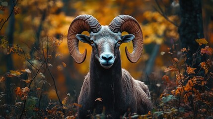 Majestic ram with spiral horns rests amidst golden autumn foliage, staring intently