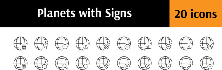 Pack of Plus, Heart, Loupe etc by Planet Related Line Icons.  Outline Signs for Graphic and Web Design, Apps, Adverts, Various Cards