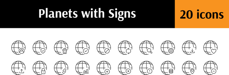 Fototapeta premium Plus, Heart, Loupe etc by Planet Line Icon Collection. Outline Signs for Graphic and Web Design, Apps, Adverts, Various Cards