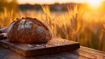 Freshly baked loaf of bread on an old wooden table, with golden wheat ears and the sun setting in the background