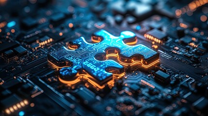 A glowing puzzle piece on a circuit board represents technological solutions problem-solving innovation in computing and digital technology development, silhouette