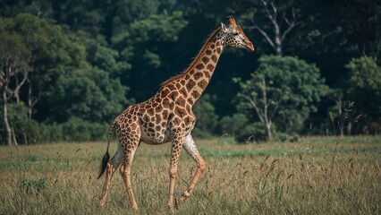 Fototapeta premium Giraffe in a grassy savanna setting.