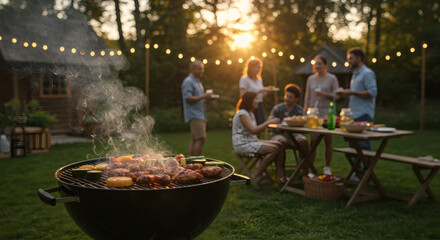 Sunset BBQ Gathering Friends Enjoying an Outdoor Summer Feast