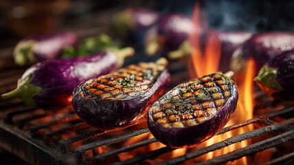 Grilled purple eggplants over open flame, charred skin, and smoky flavor