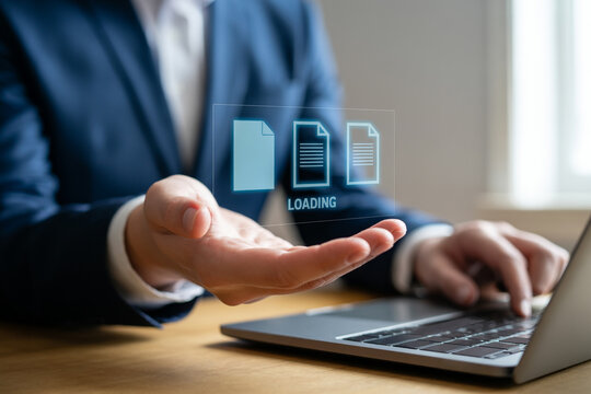 Businessman hands holding digital document loading interface