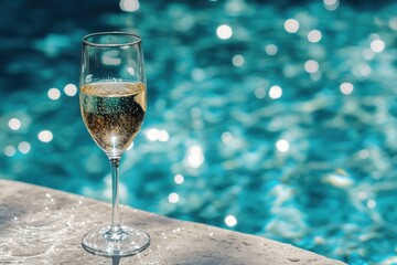 Wine Pool. Elegant flute glass of sparkling white wine by side of swimming pool at summer beach party