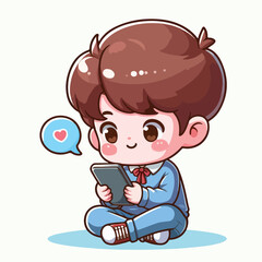 Cute boy cartoon vector playing smartphone