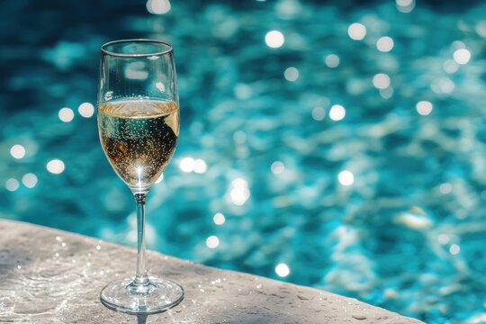 Wine Pool. Elegant flute glass of sparkling white wine by side of swimming pool at summer beach party - Powered by Adobe