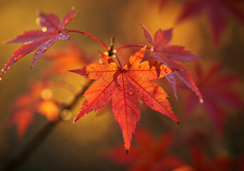 Macro Close-Up of Red Maple Leaf with Dew Drops and Autumn Warmth