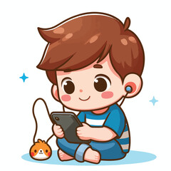 Cute boy cartoon vector playing smartphone