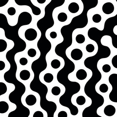 A seamless black and white pattern design featuring abstract geometric shapes and modern minimalistic elements. Ideal for use in backgrounds, wallpapers, textile prints, packaging, and web design. The