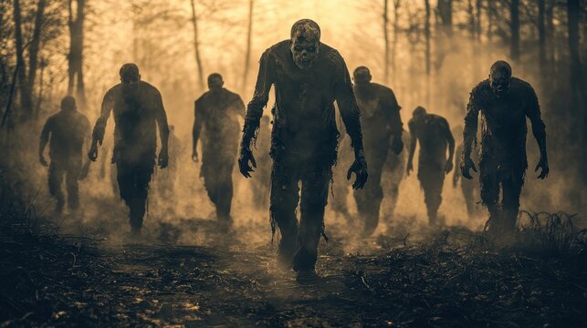 Zombie Walk. Group of Horrifying Undead Monsters Walking Together