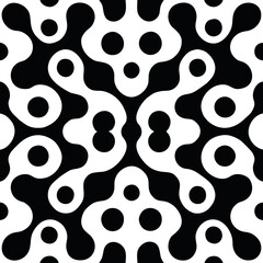 A seamless black and white pattern design featuring abstract geometric shapes and modern minimalistic elements. Ideal for use in backgrounds, wallpapers, textile prints, packaging, and web design. The