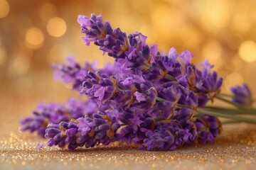 Fototapeta premium Fresh purple lavender sprig on a warm golden bokeh background, aromatherapy and herbal wellness concept