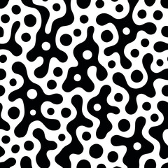 A seamless black and white pattern design featuring abstract geometric shapes and modern minimalistic elements. Ideal for use in backgrounds, wallpapers, textile prints, packaging, and web design. The